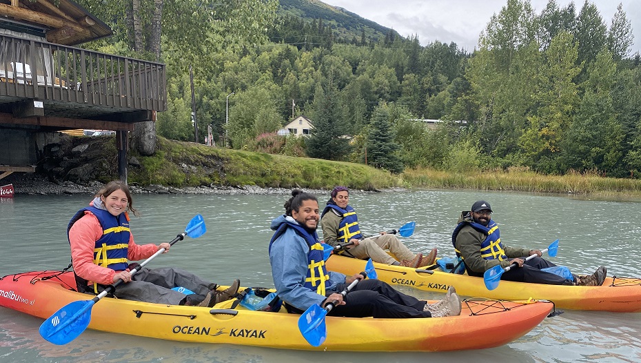 Group kayak tour on Trail Lake